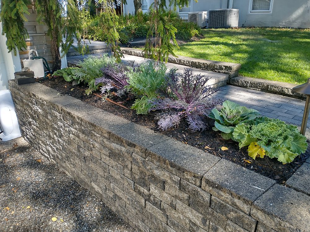 A brick wall with plants growing on it in front of a house.
