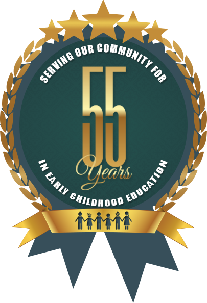 A badge that says serving our community for 55 years in early childhood education