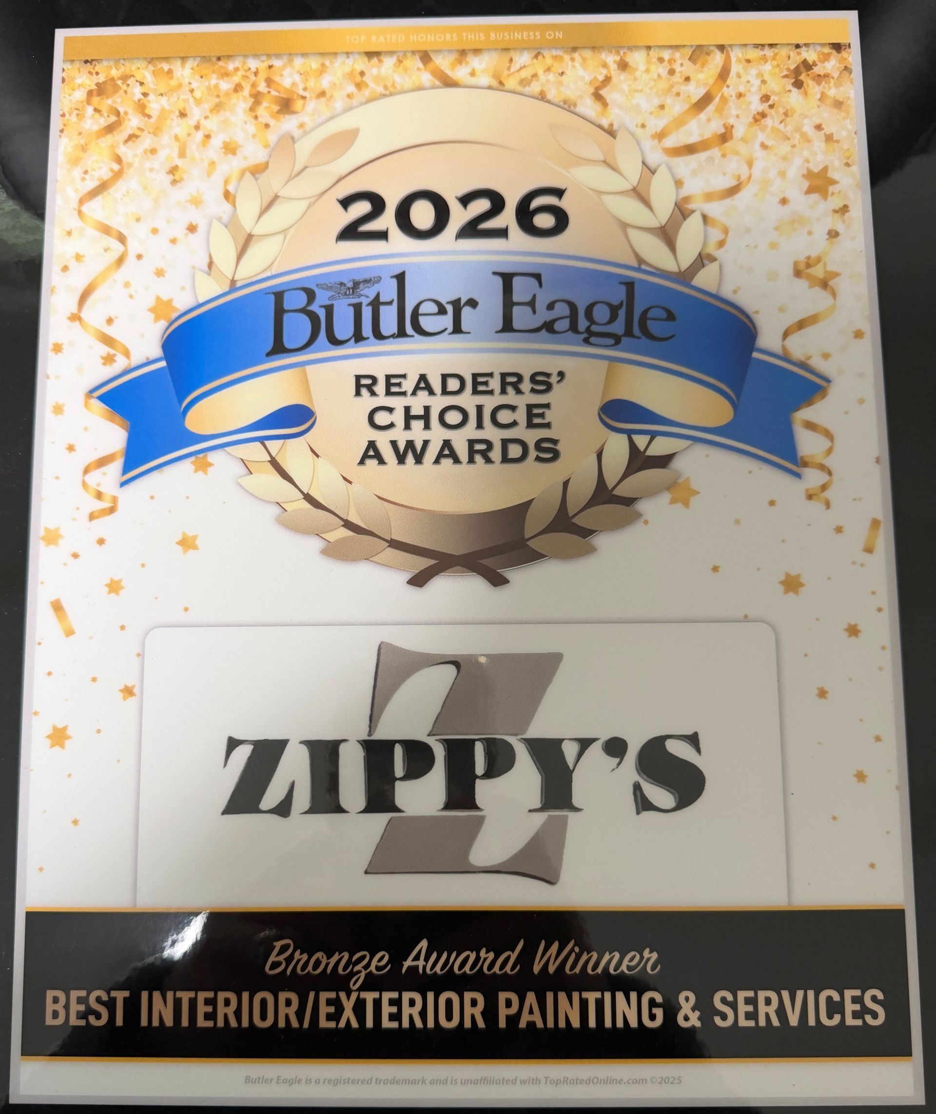 2026 Butler Eagle Readers Choice Award plaque for Zippys, Best Interior/Exterior Painting & Services