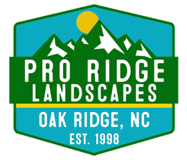 Logo for Pro Ridge Landscapes: green mountains, yellow sun, white text on turquoise hexagon, "Oak Ridge, NC".