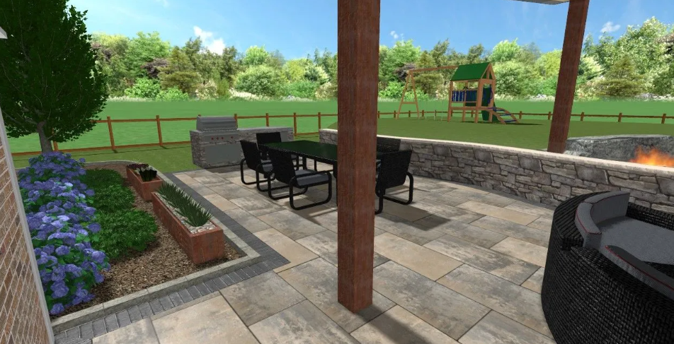 Patio with dining table, outdoor kitchen, seating area, and playset in a backyard setting.