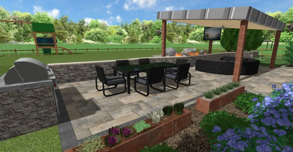 Patio with dining table, grill, and seating area under a pergola. Backyard with playground and greenery.