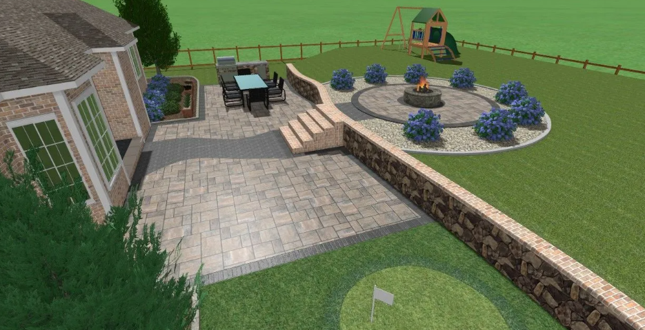 Backyard patio with dining set, raised fire pit area, and a putting green.