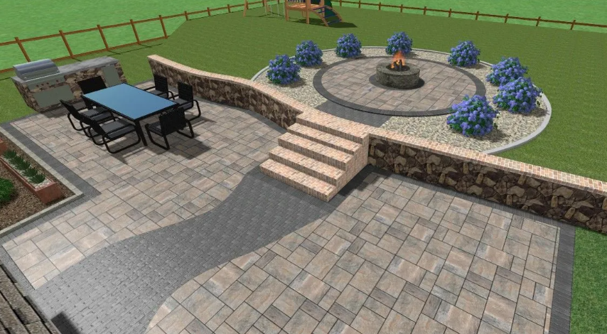 Backyard patio with fire pit, dining area, grill, stone walls, and landscaping.