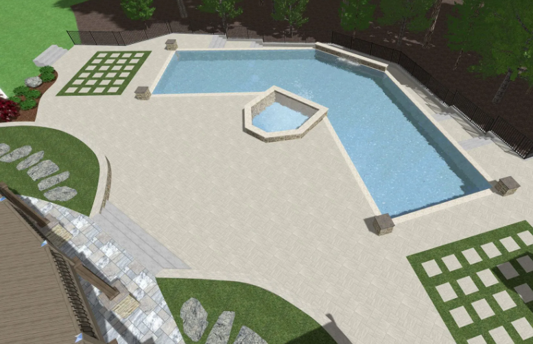 Overhead view of a pool area with a multi-shaped pool, jacuzzi, and stone patio. Green grass accents.