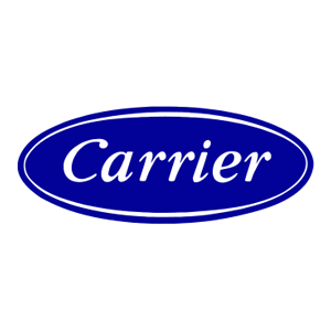 Carrier logo in blue oval with white italic text