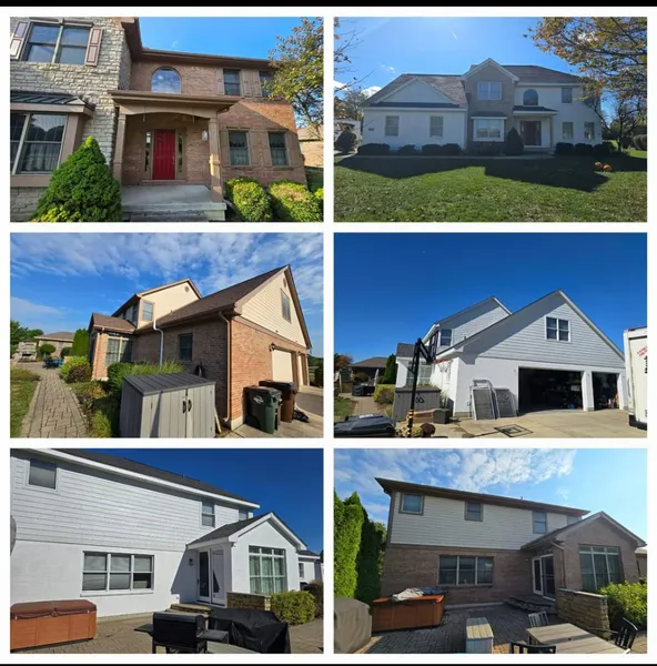 Collage of six suburban house exteriors with white, brick, and beige facades under clear blue skies