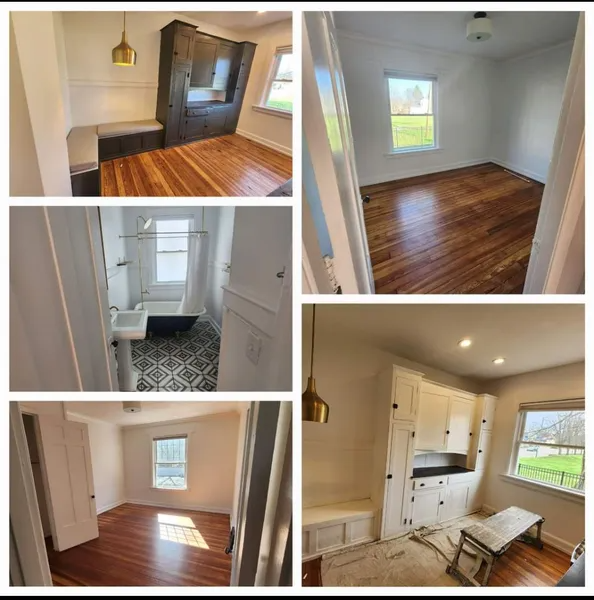 Collage of empty apartment rooms with hardwood floors, white walls, kitchen, bath, and windows with daylight