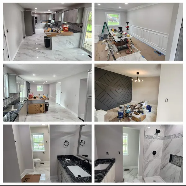 Collage of a home renovation in progress: kitchen, dining room, and bathroom with tools and unfinished walls
