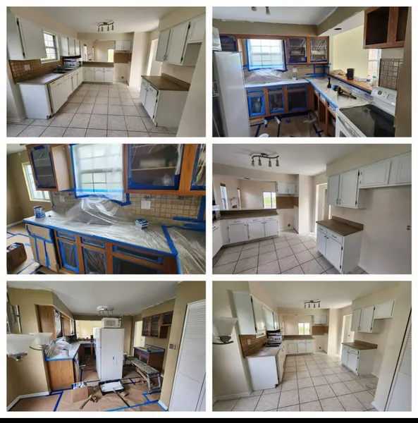 Collage of a bright white kitchen with tiled floors, wood cabinets, counters, and appliances from multiple angles