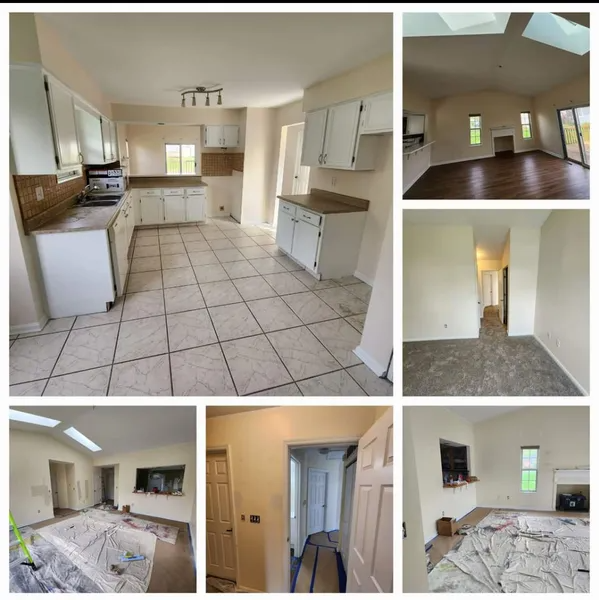Collage of a vacant home interior: kitchen, living room, hallway, and bedroom views with light walls and tile floors