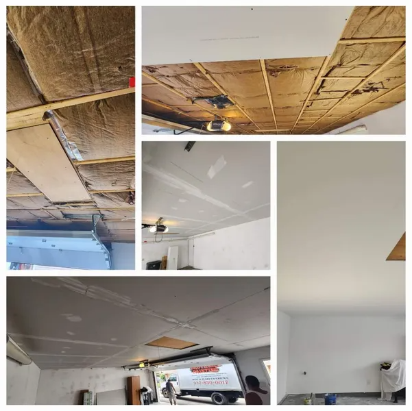 Collage of ceiling repairs showing exposed insulation, drywall patches, and finished white ceilings in a garage-like room