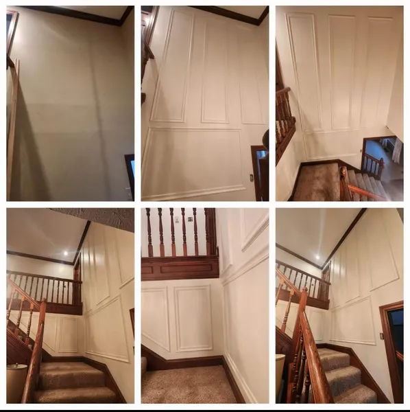 Stairwell with beige paneled walls, wooden banister, and carpeted steps shown from multiple angles