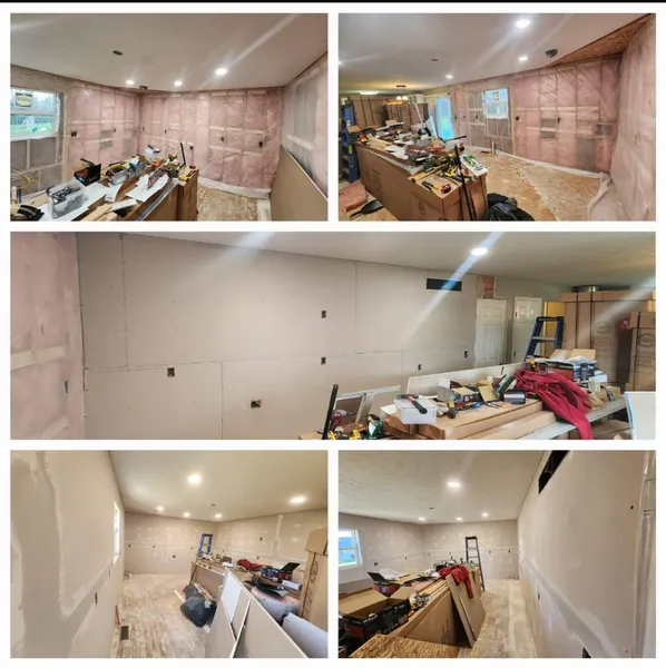 Collage of a room renovation: pink wallpapered areas, bare white walls, and cluttered worktables with tools and materials.