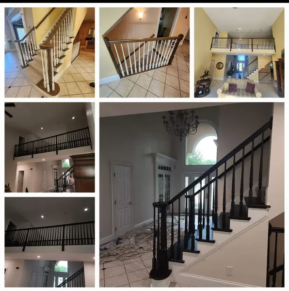Collage of black iron stair railings and balcony balusters in a two-story home interior