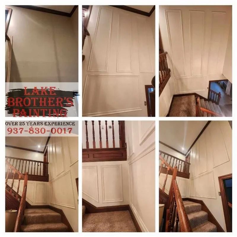 Stairwell with beige wall panels; six-panel collage showing before-and-after drywall repair.