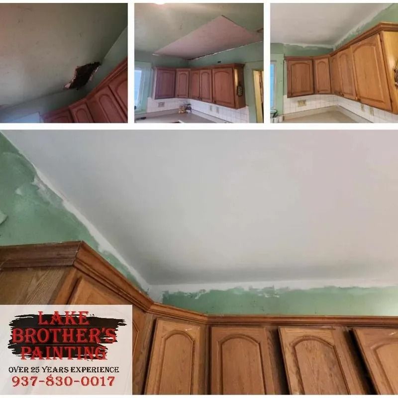 Kitchen ceiling and cabinets with water damage and peeling paint; collage includes a Lake Brothers Painting logo.