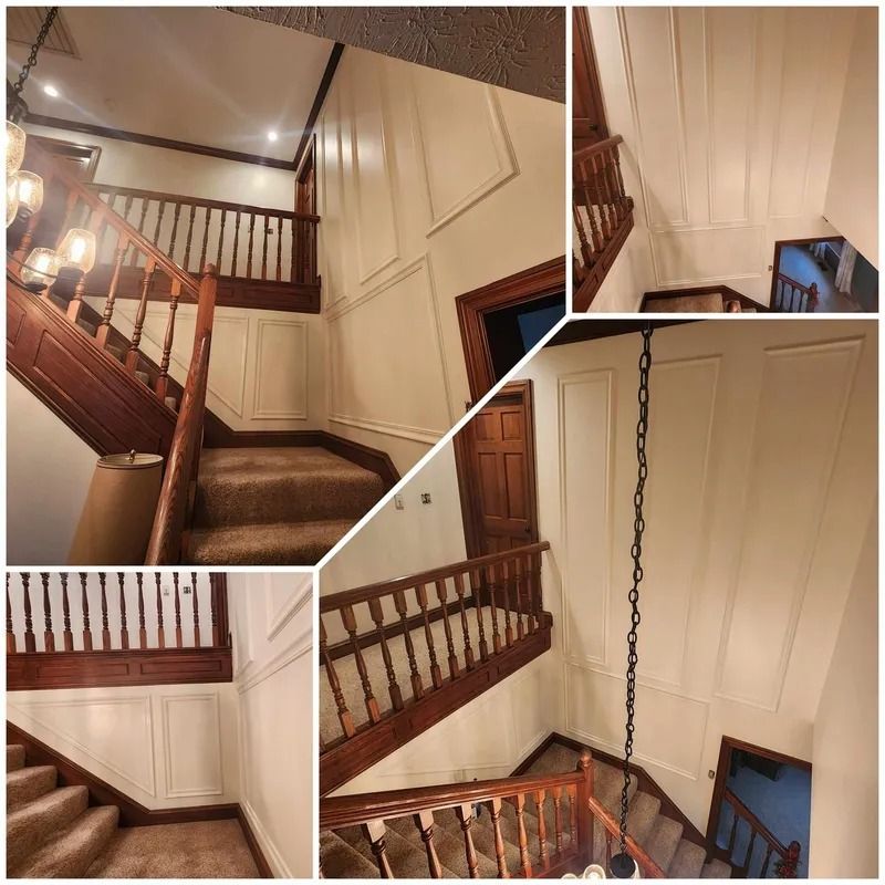 Collage of a wood-paneled staircase interior with railings, beige walls, and warm lighting