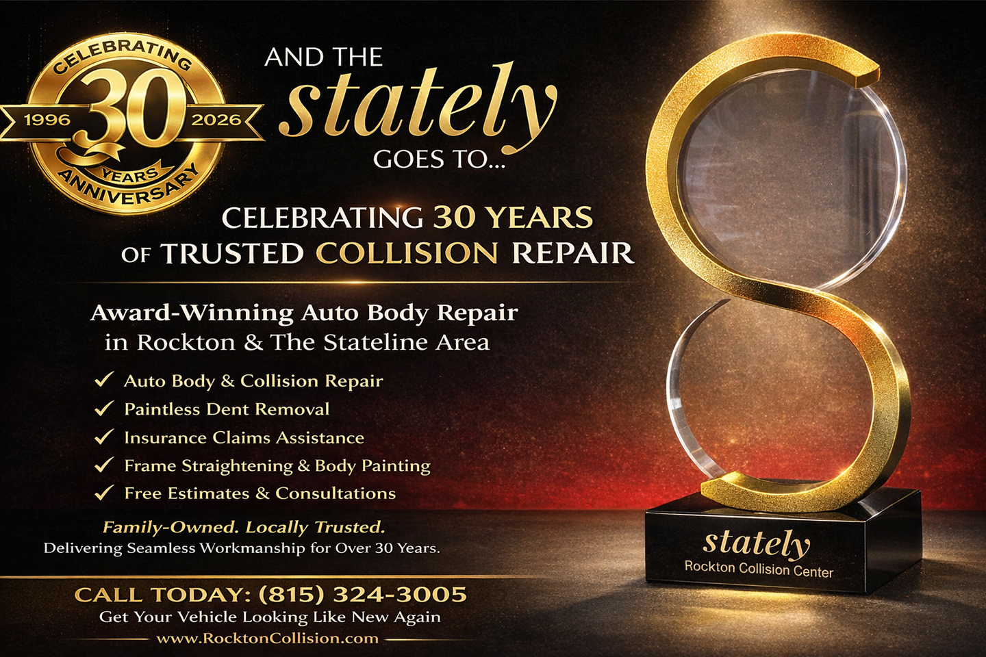A promotional ad for Stately Collision, celebrating 30 years with a gold trophy, service list, and contact information.