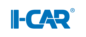 A blue and white logo for i-car on a white background