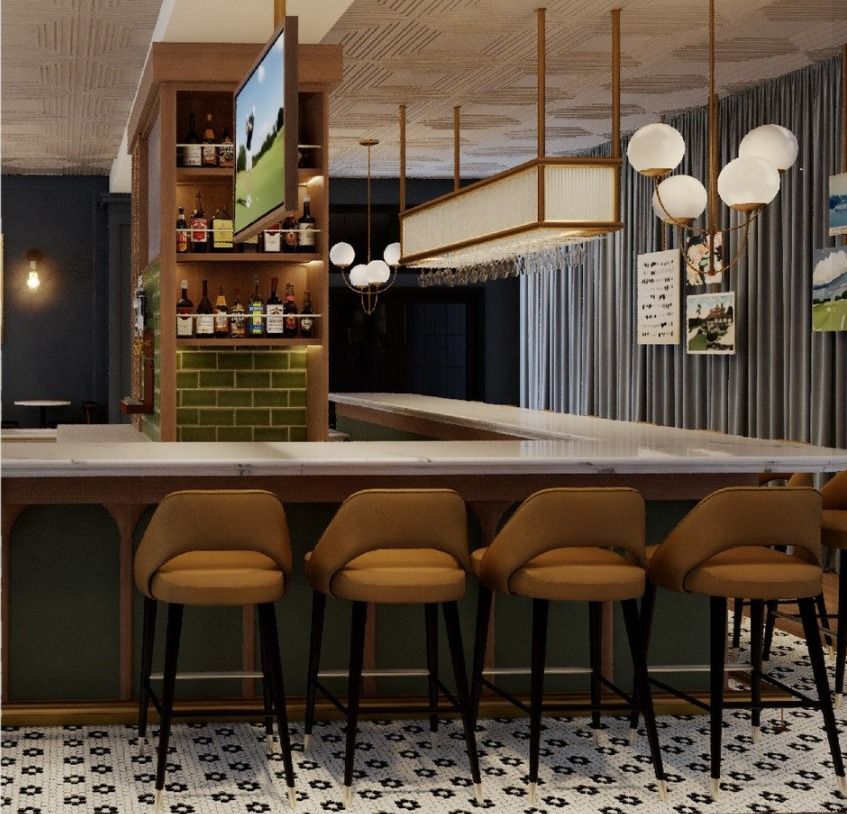 A bar with stools and a tv on the wall