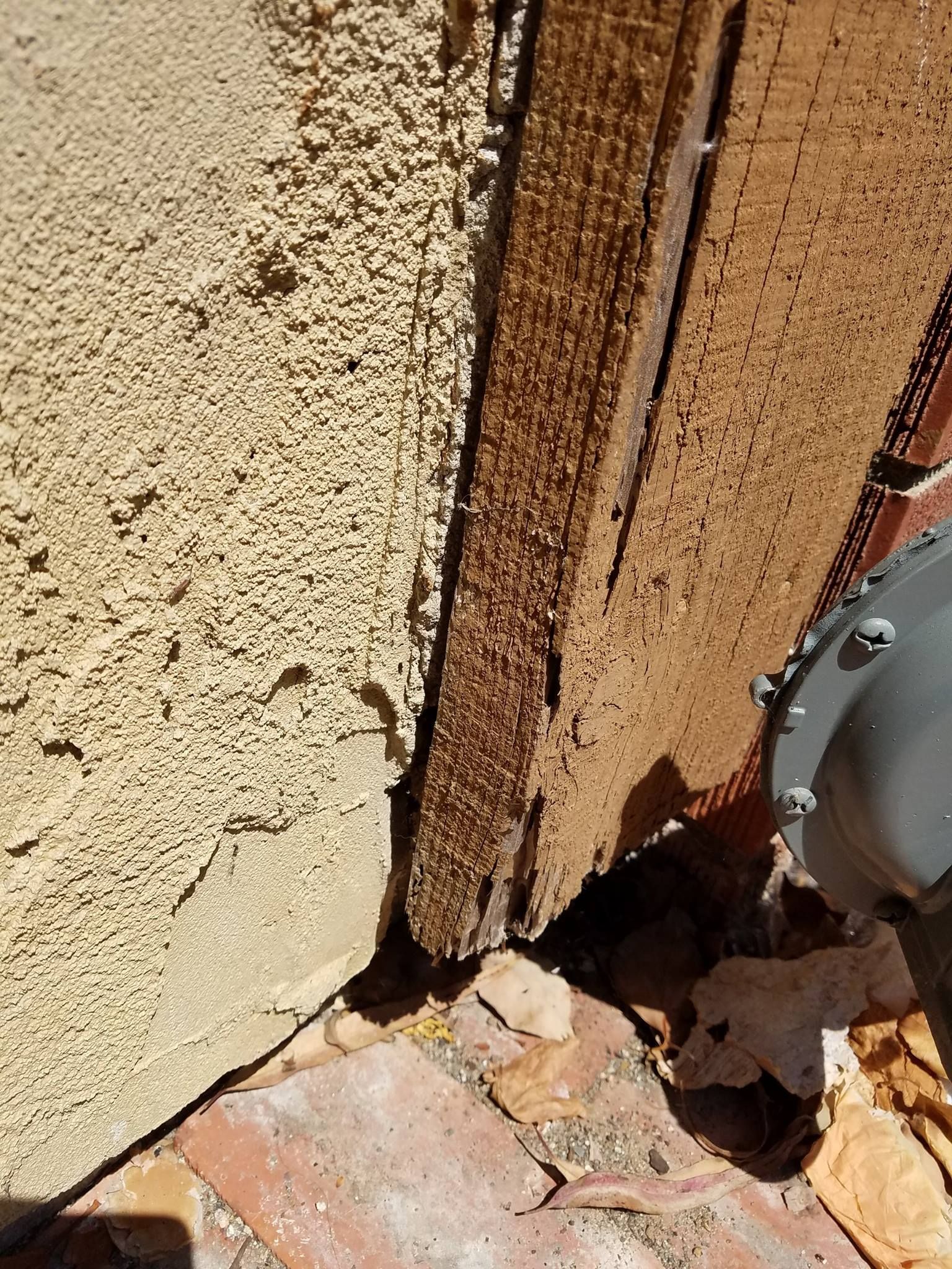 Wood post with significant termite damage or decay standing next to a stucco exterior wall and a gray utility device.