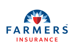 Farmers Insurance logo with a blue, red, and white floral design above the text.
