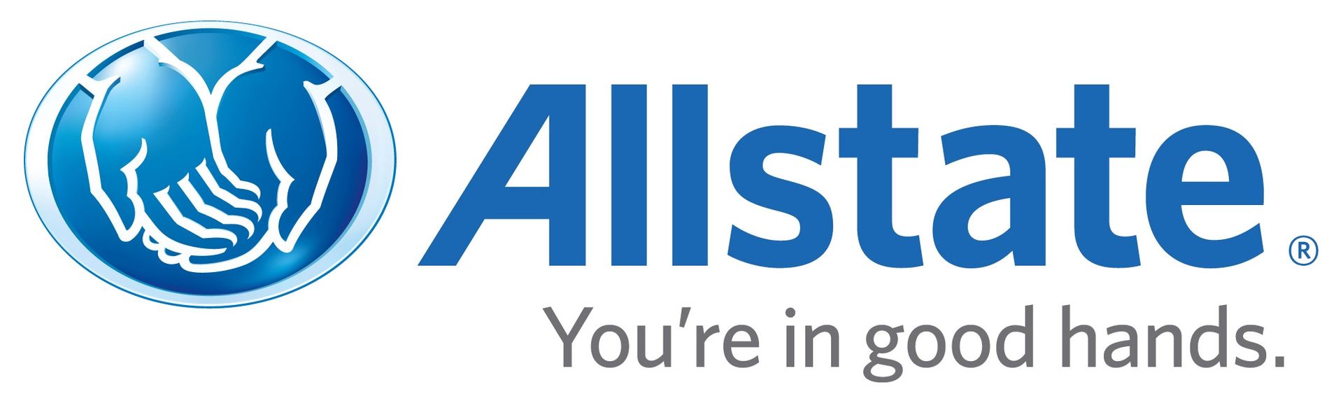 Allstate logo: blue hands cradling a shape inside a blue sphere; Allstate in blue text; You're in good hands. tagline.