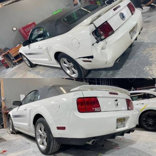 White convertible Ford Mustang with rear damage, before and after repair in a garage.