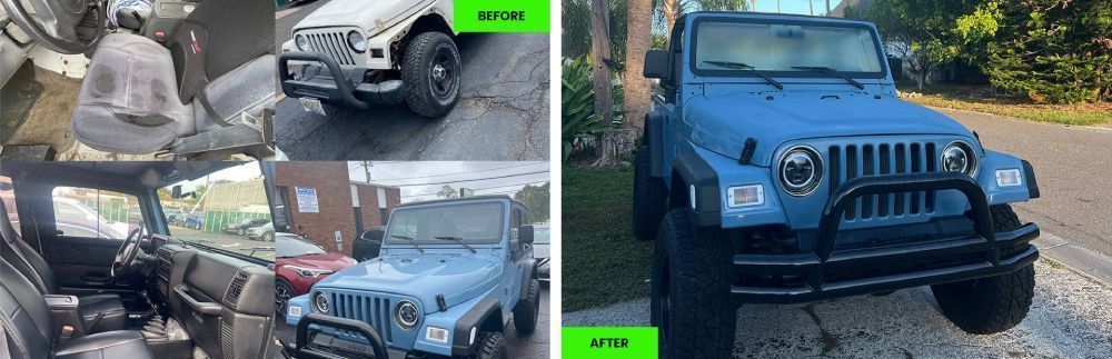 Before and after images of a blue Jeep Wrangler. The before shows a white Jeep, the after shows a blue Jeep.