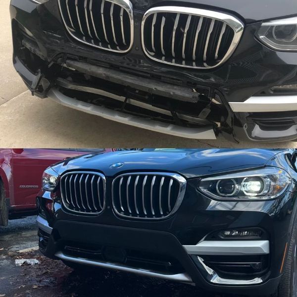 Black BMW SUV, damaged front bumper before and after repair.