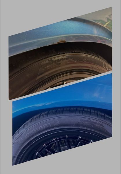 Comparison of a rusty car fender and a repaired blue fender with a black tire.