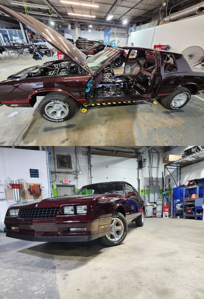 Top: Burgundy car with hood and door open in a workshop. Bottom: The same car parked inside the shop.