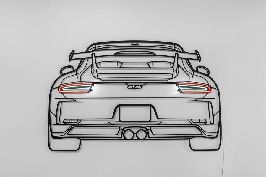 Rear view outline of a silver Porsche sports car with prominent rear wing and dual exhaust.