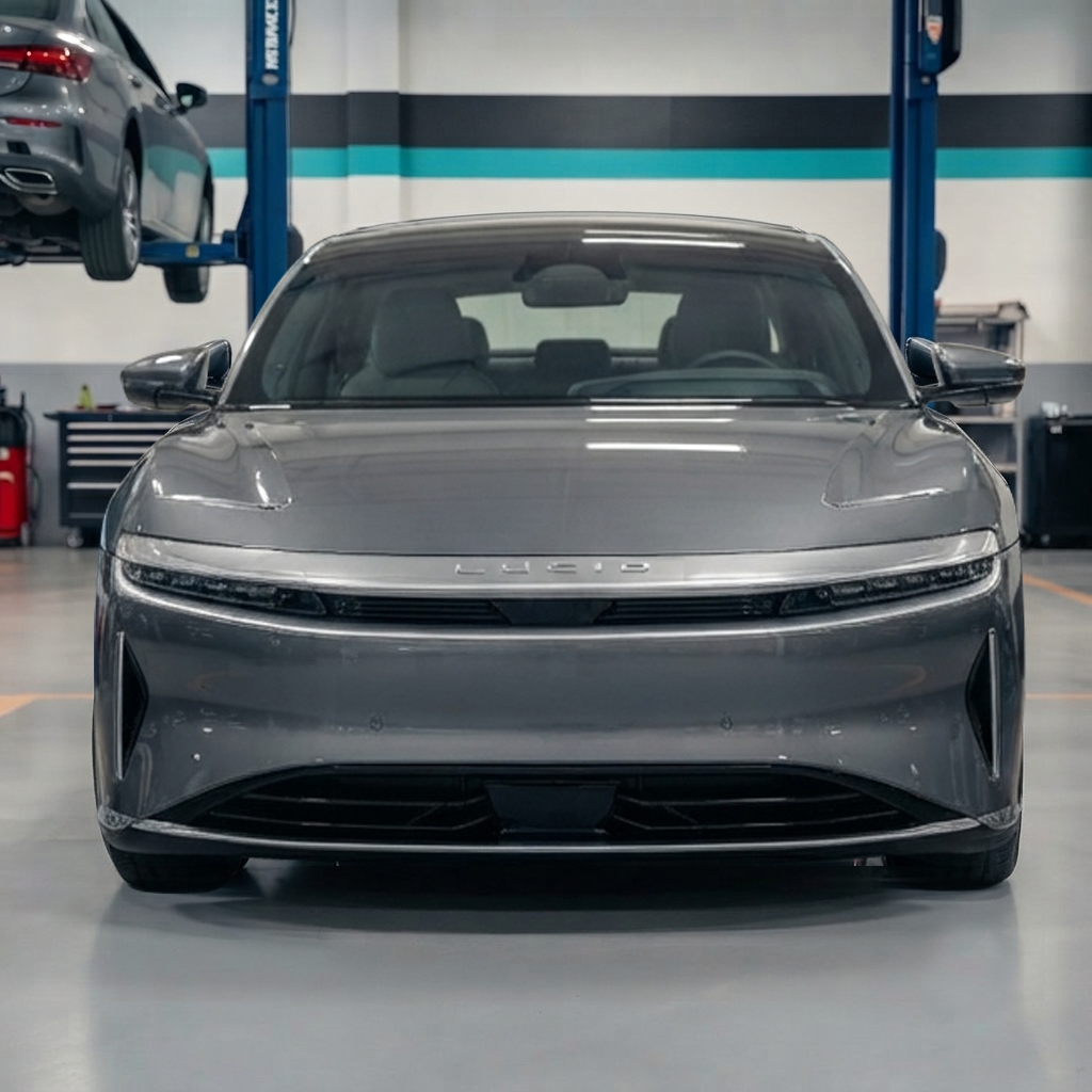 Front view of a gray electric sedan in an auto shop, with a sleek light bar and lift posts behind it.