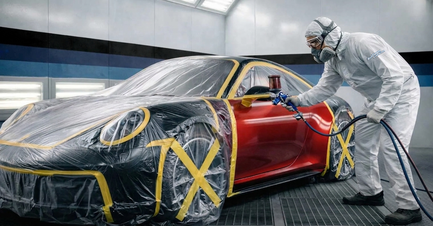 Worker in protective suit spray-painting a red car in a paint booth