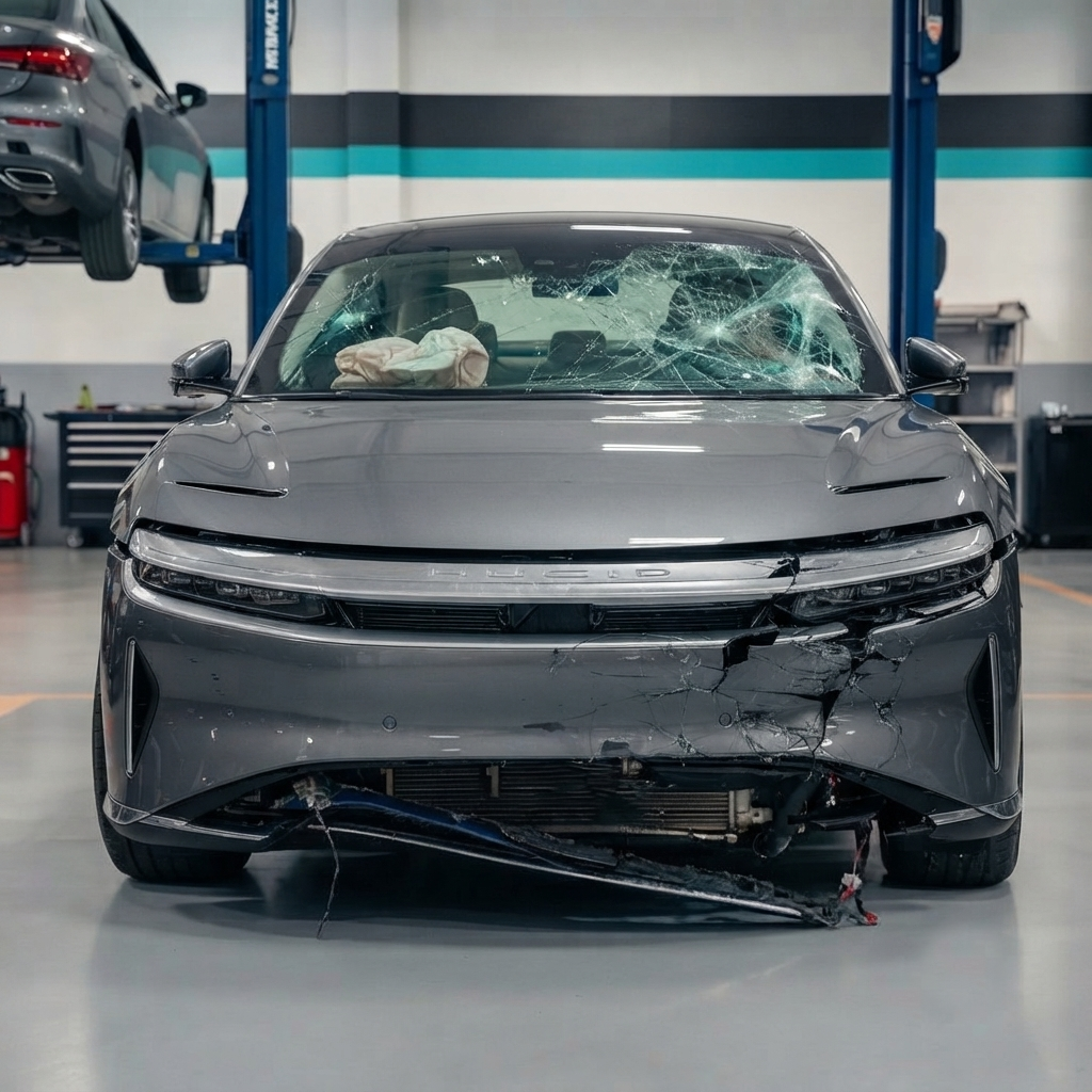 Gray sedan with shattered windshield and front-end damage in an auto repair shop.