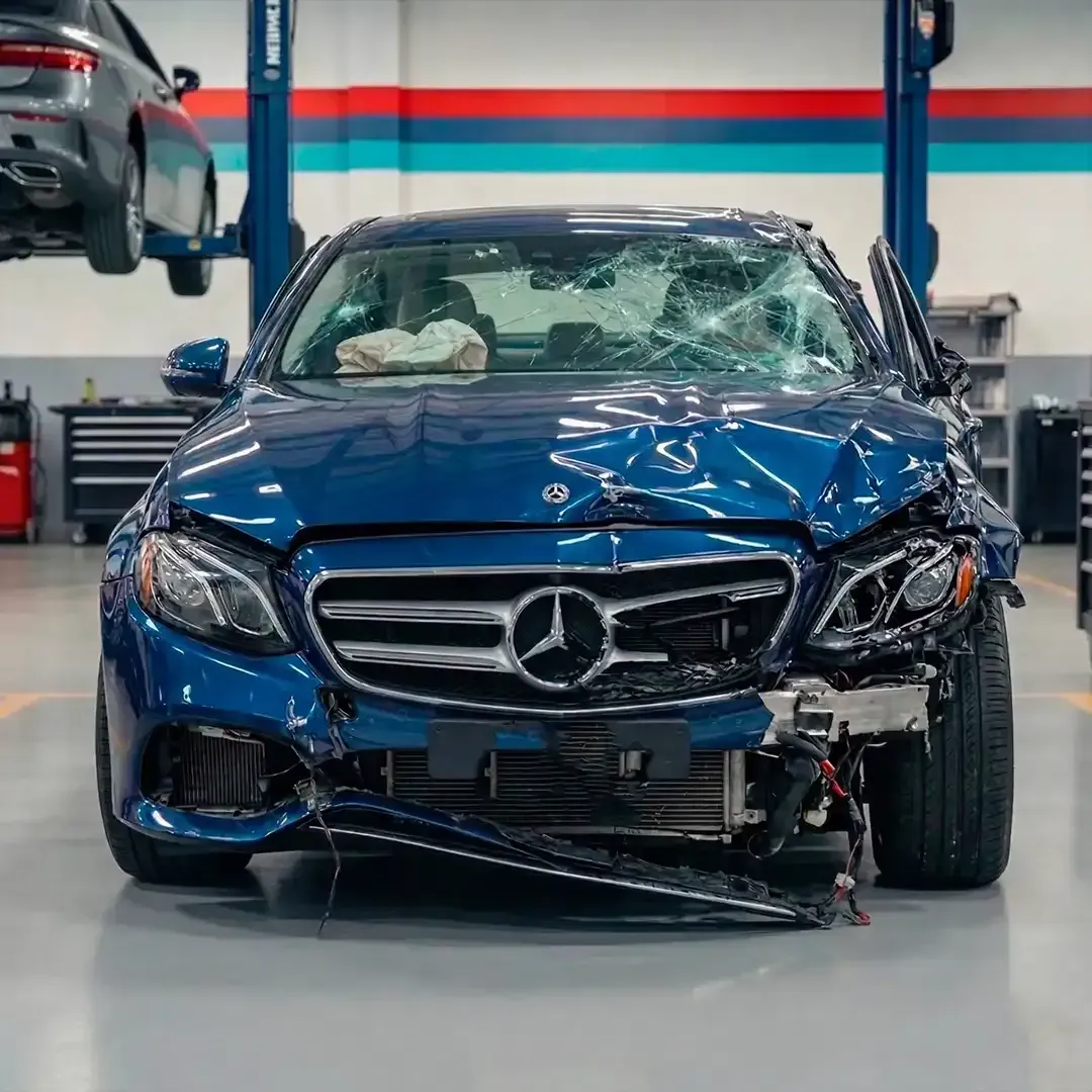 Damaged blue Mercedes in an auto repair shop, front end crushed and windshield shattered.