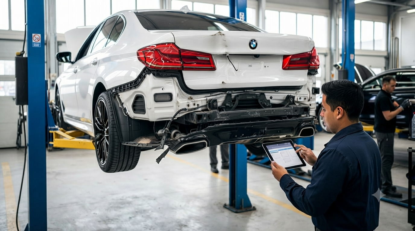 Mechanic polishing a red car’s front fender in an auto body shop