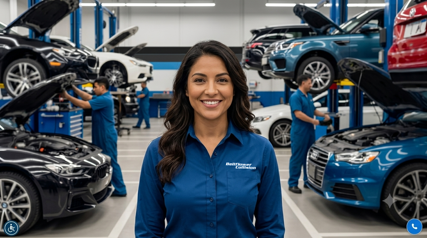 Woman in a blue shirt stands in an auto repair shop with cars on lifts in the background.