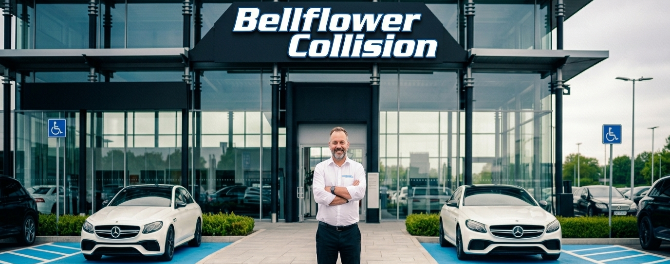Bellflower Collision storefront with a person standing between two white cars at the entrance