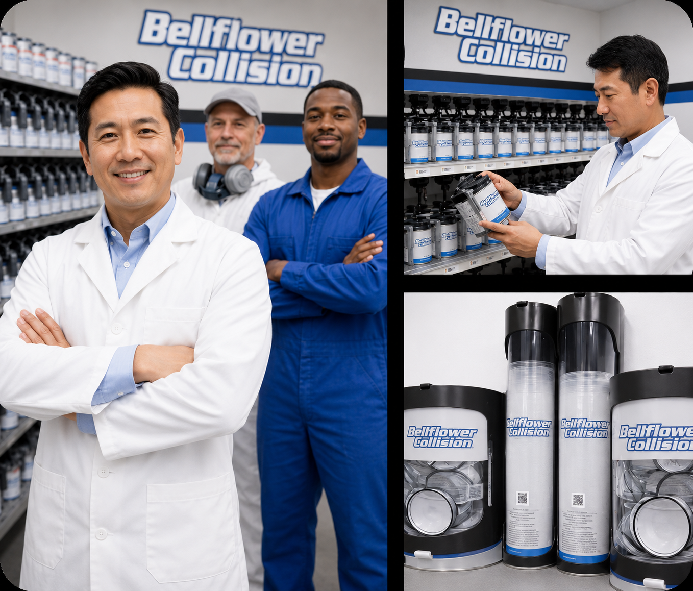 Three auto shop workers in white coats with parts and filters at Bellflower Collision