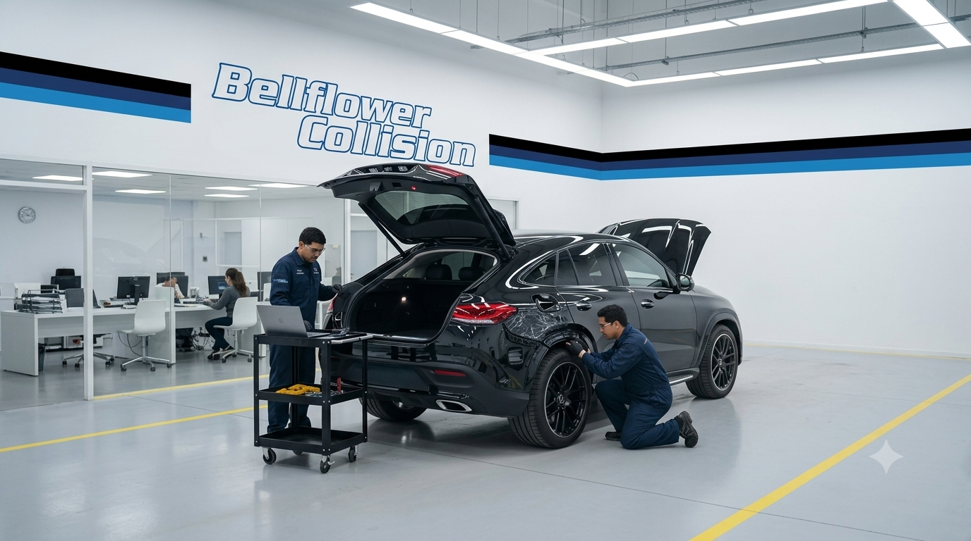 Two mechanics work on a black car in a bright auto repair garage