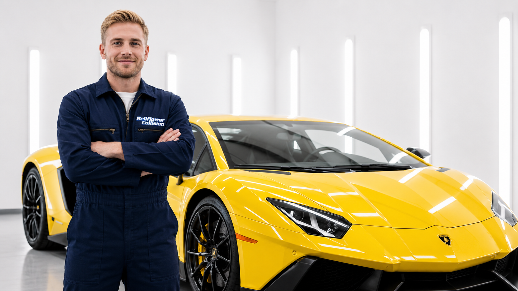 Person standing beside a yellow sports car in a bright studio, arms crossed and smiling.