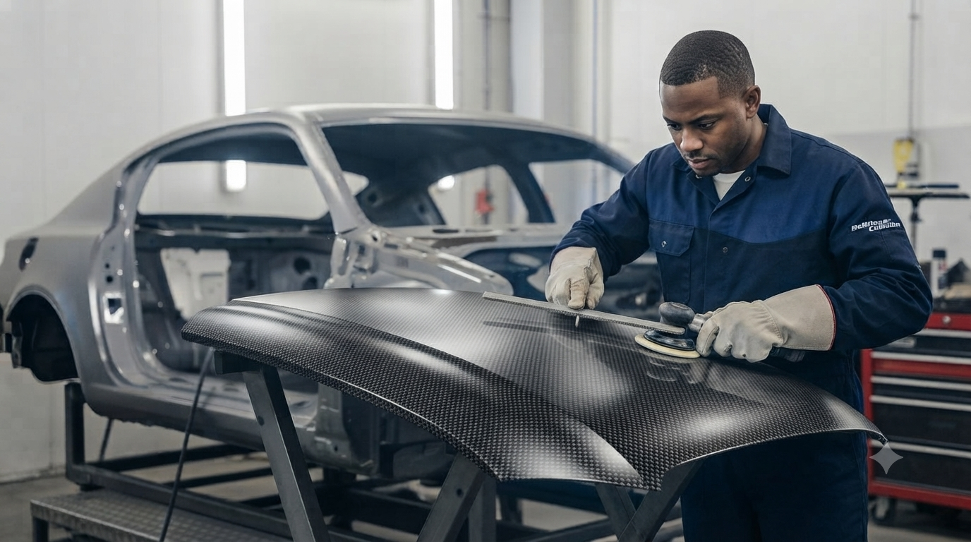 Worker using a suction-cup dent puller on a red car in an auto repair shop
