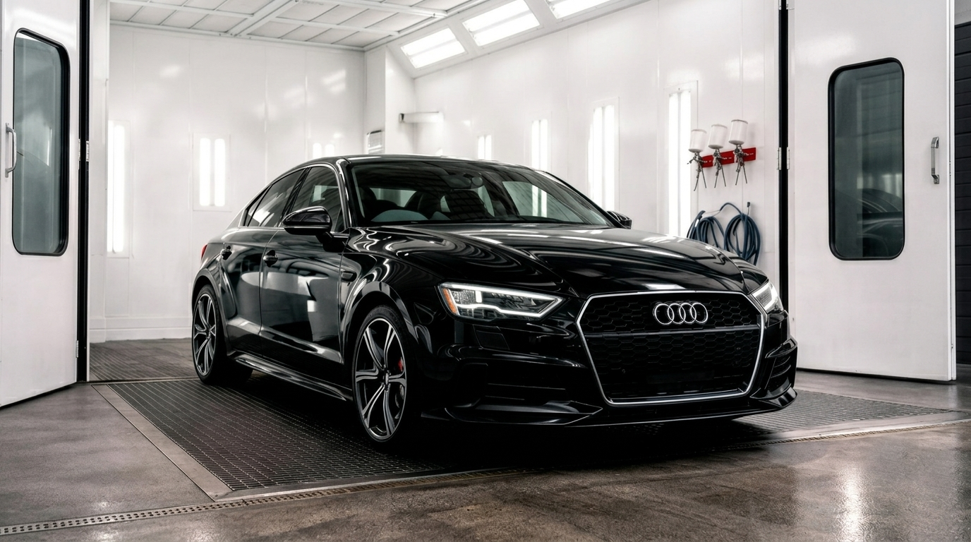 Black Audi sedan in a white automotive paint booth with bright overhead lights.