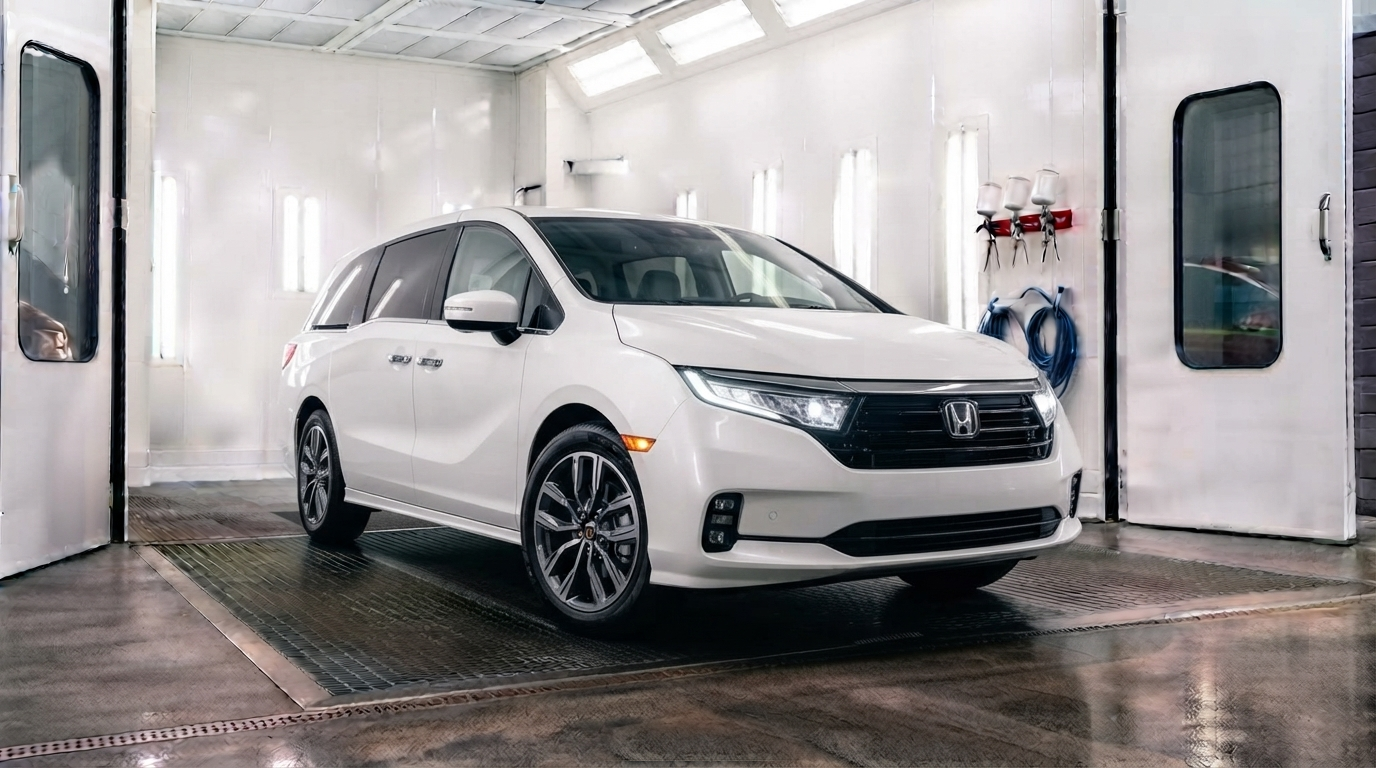 White Honda minivan in a car wash bay, wet floor and bright lights visible.