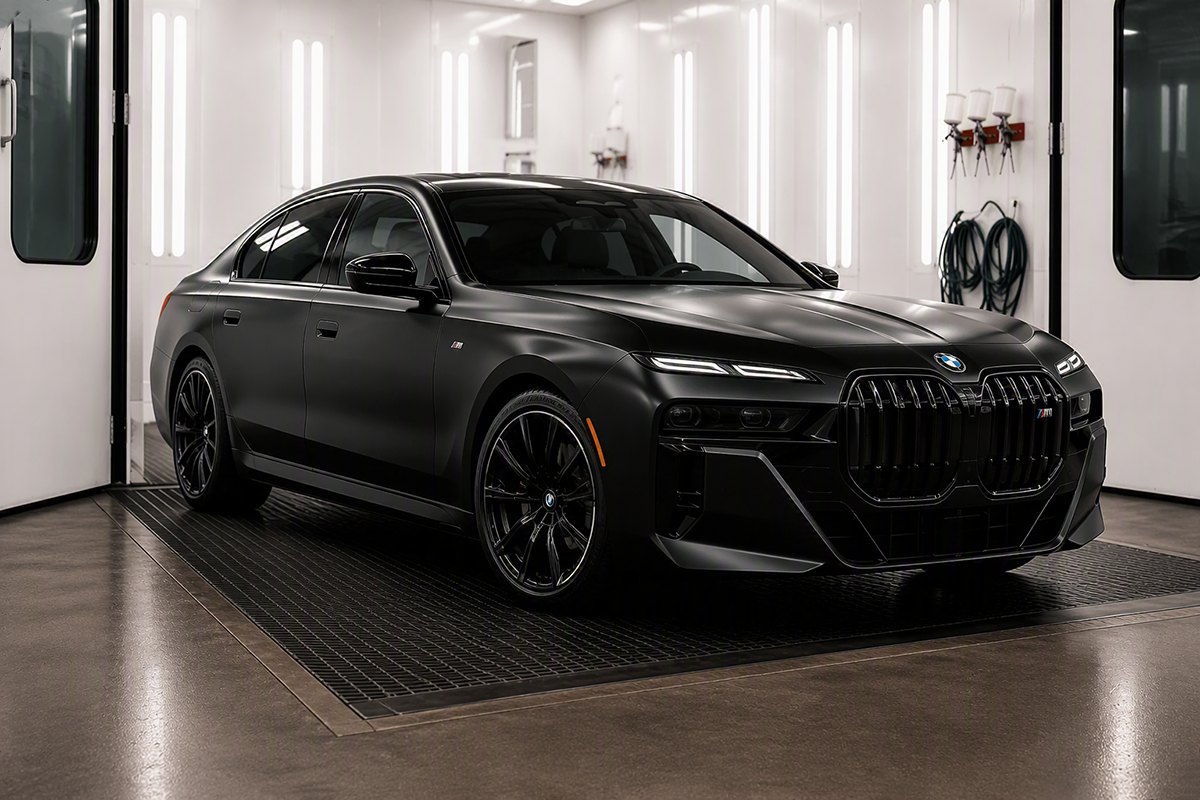 Black sports sedan in a clean indoor garage, front angled view