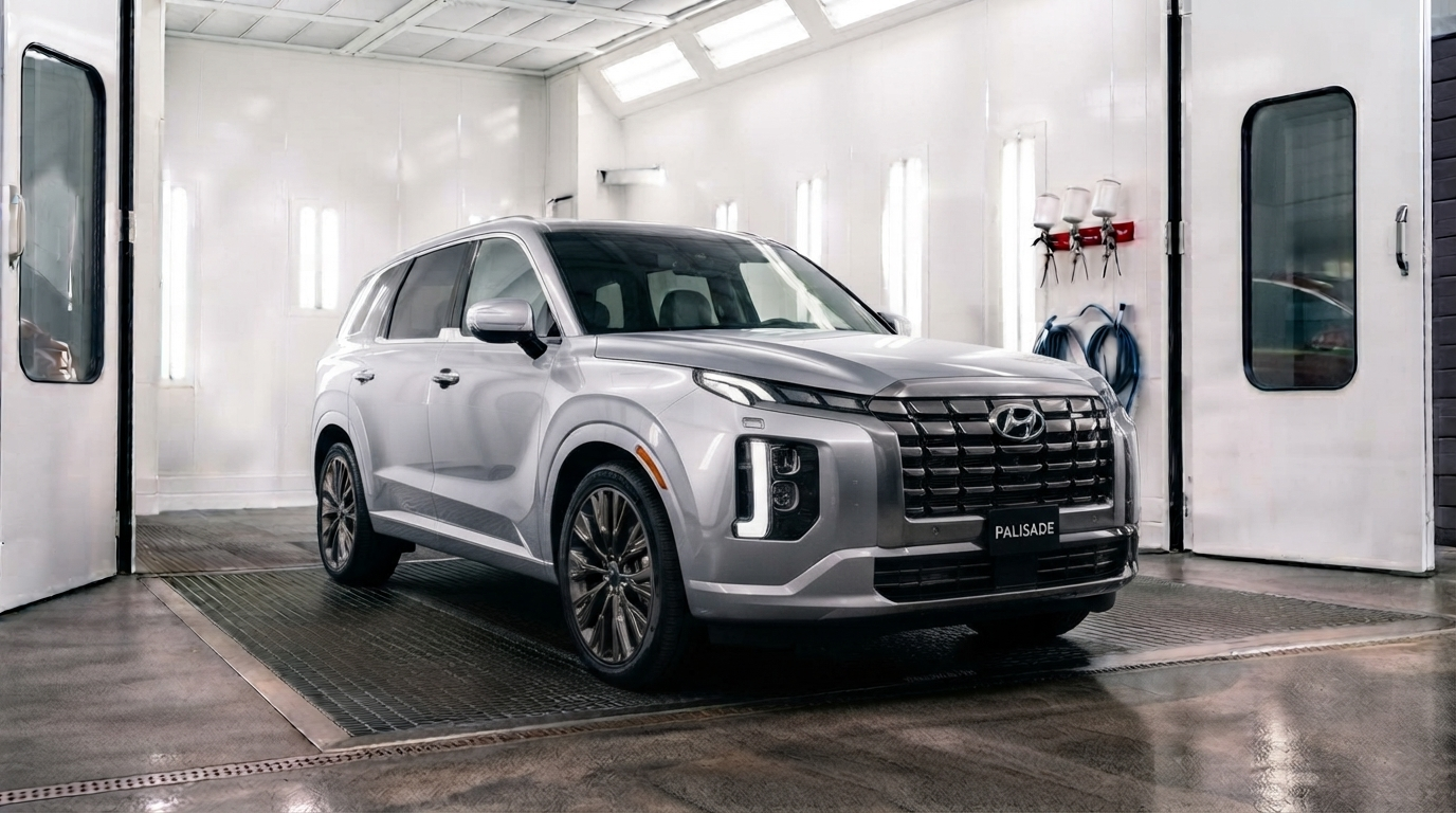Silver SUV in a white auto detailing bay, front view, with wet floor and open service doors.