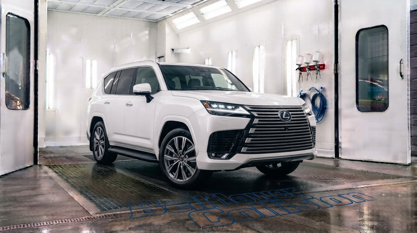 White SUV in a car wash bay, sprayed with water and foam on a wet floor.